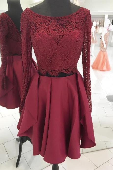 Long Sleeves Two Piece Short Burgundy Homecoming Dress Party Dress