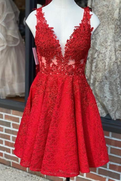 Red Lace Short Prom Dress For Party
