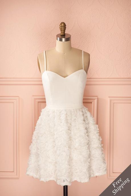 Little White Dress With 3d Rose Floral Skirt, Mini Dress, Party Dress, Graduation Dress, Homecoming Dress