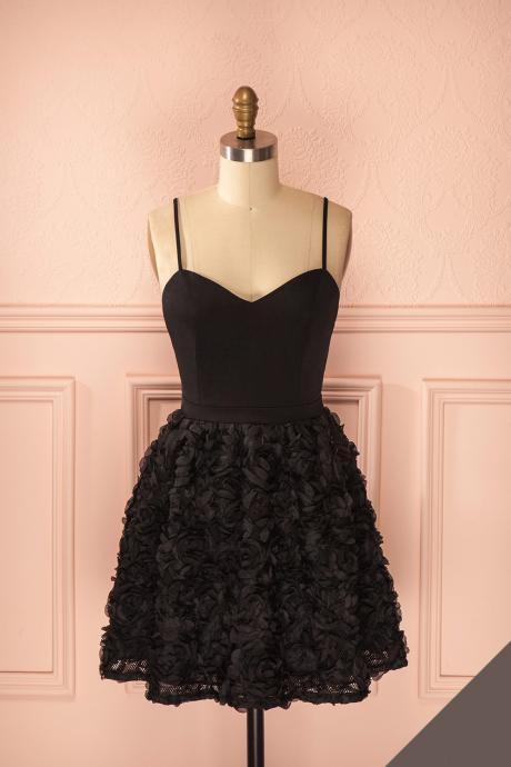 Little Black Dress With 3d Rose Floral Skirt, Mini Dress, Party Dress, Graduation Dress, Homecoming Dress