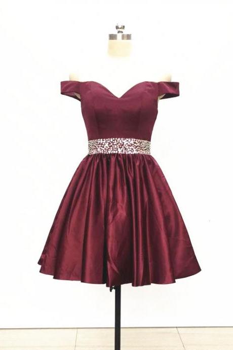 Off The Shoulder Burgundy Satin Short Homecoming Dress For Party
