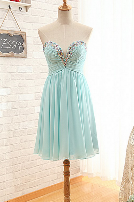 Short Chiffon Pleated Homecoming Dress, Featuring Plunge V Ruched Sweetheart Bodice And Beaded Embellishment