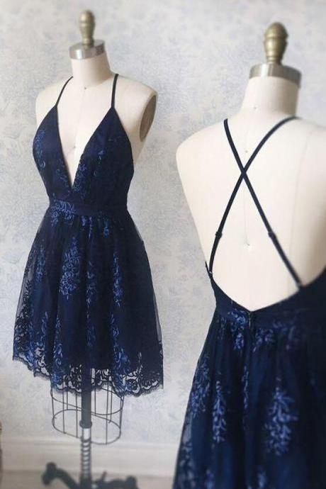 Navy Blue Short Homecoming Dress With Appliques