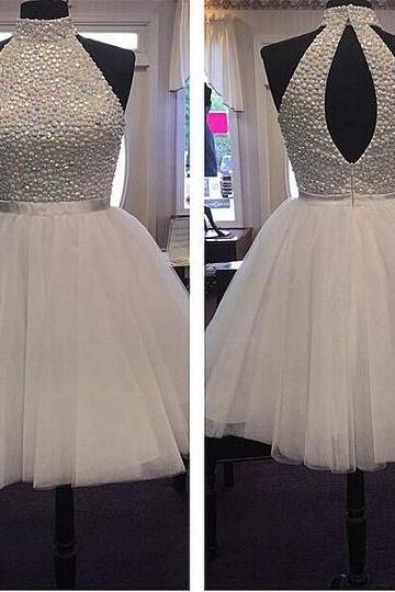 Beautiful White Short Prom Dresses,homecoming Dresses,cocktail Dresses, Luxurious Beaded High-neck Short Homecoming Dress