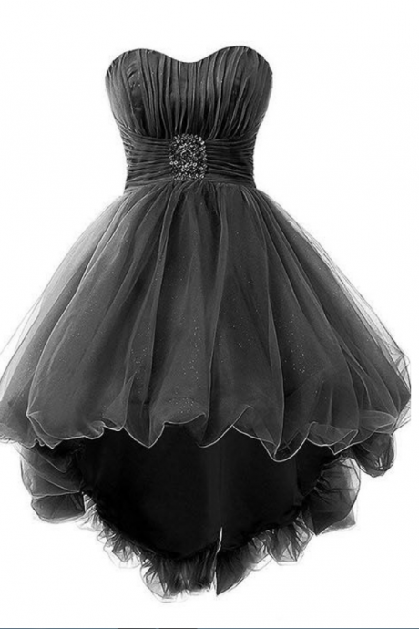 Black Ruched Tulle Sweetheart High-low Homecoming Dress Featuring Lace-up Back And Beaded Embellishment
