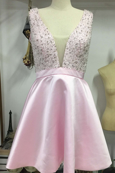 Charming Prom Dress, Beaded Pink Prom Dresses, A Line Prom Dress, Elegant Homecoming Dress
