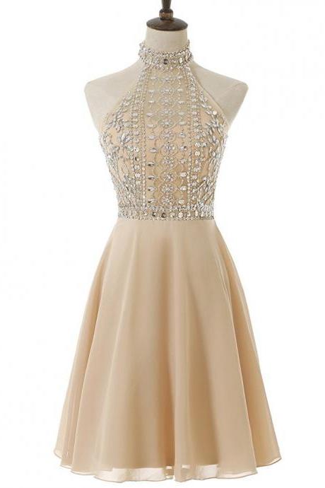 Beaded Embellished High Halter Neck Short Chiffon A-line Formal Dress Featuring Cutout Back, Homecoming Dress