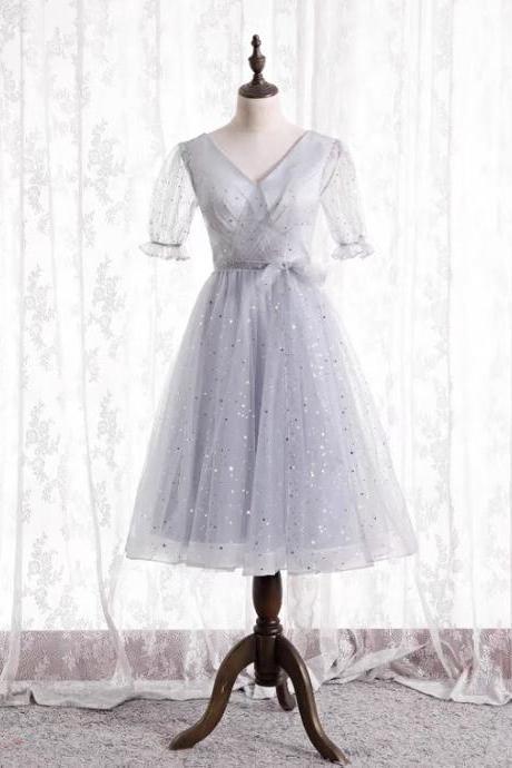 Gray Homecoming Dress, V-neck Mini Dress, Birthday Party Dress