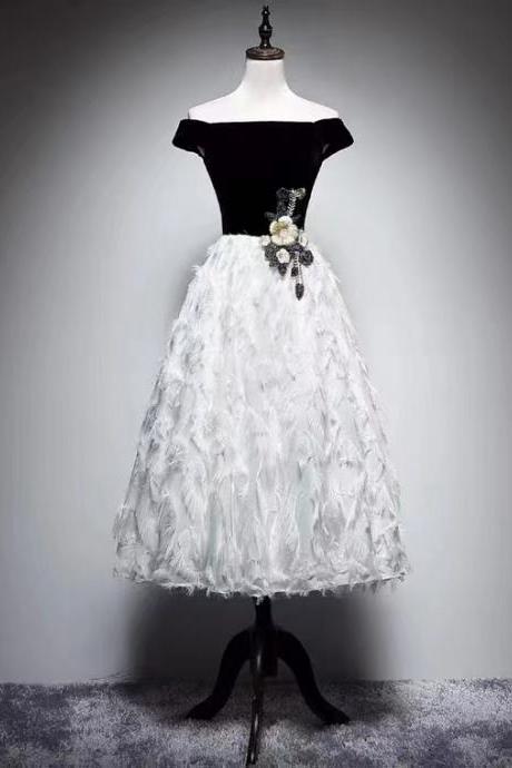 Off Shoulder Fairy Midi Dress, Applique Evening Dress,homecoming Dress