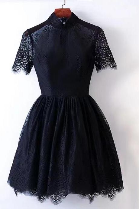High Neck Party Dress, Black Party Dress, Fairy Lace Homecoming Gowns