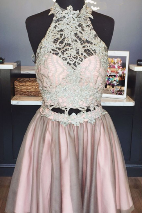 Elegant Homecoming Dresses Lace Crop Top,high Neck Homecoming Dress,two Piece Homecoming Dress