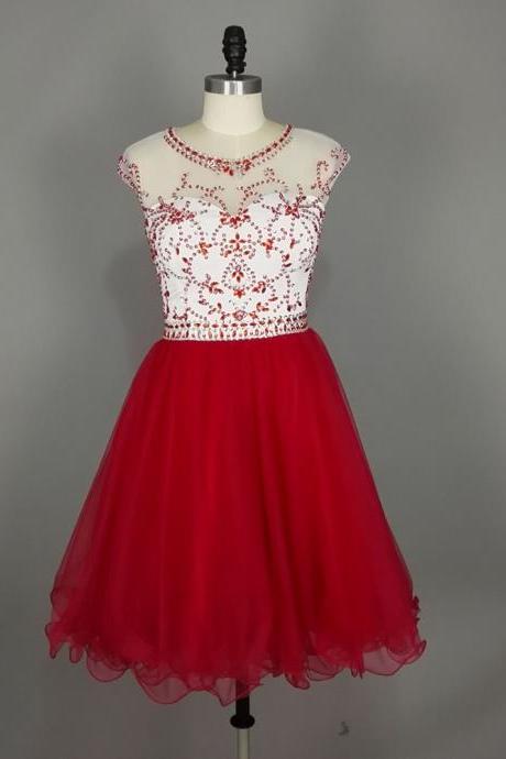 Sparkly Red Homecoming Dresses,short Prom Dresses,illusion Jewel Neckline Backless Organza