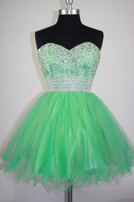 Green Homecoming Dresses, Organza Strapless Short Prom Gowns With Beaded Belt, Mini Dresses