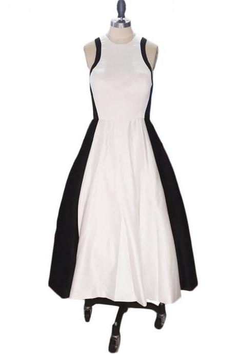 Tea Length Homecoming Dresses, Halter Satin Jewel Neckline Short Prom Dresses ,white And Black Dresses