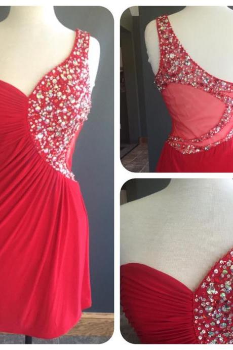 Red Short Sheath Evening Dress, Featuring Beaded One Shoulder Bodice And Illusion Back