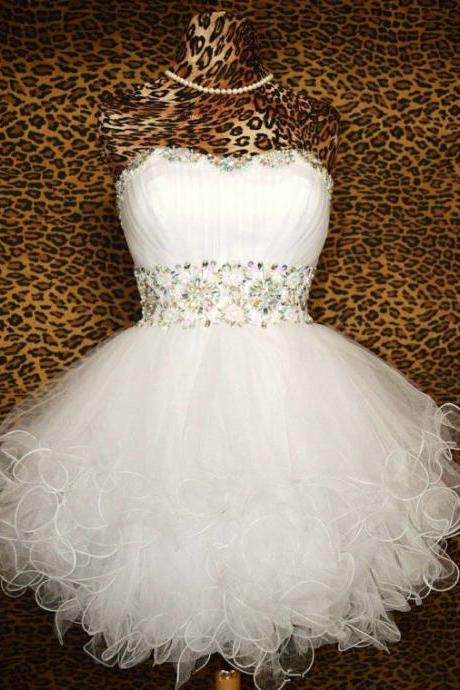 Sweetheart Beaded Ball Gown,tulle Short White Prom Dresses Gowns, Formal Evening Dresses Gowns, Homecoming Graduation Cocktail Party Dresses