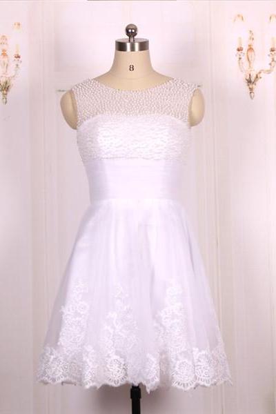 Pearls Beaded Sweetheart Ball Gown,white Lace Short Prom Dresses Gowns, Formal Evening Dresses Gowns, Homecoming Graduation Cocktail Party