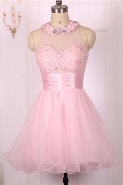 Open Back Sweetheart Ball Gown,pink Lace Short Prom Dresses Gowns, Formal Evening Dresses Gowns, Homecoming Graduation Cocktail Party Dresses