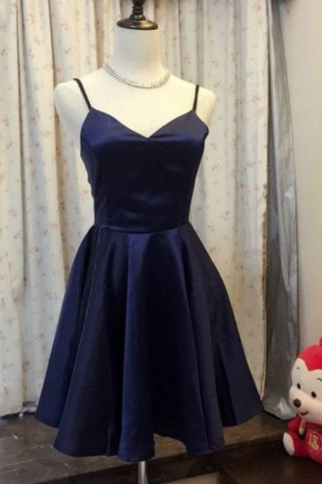 Navy Blue Satin Short Homecoming Dress, Mini Party Gowns , Cocktail Party Gowns