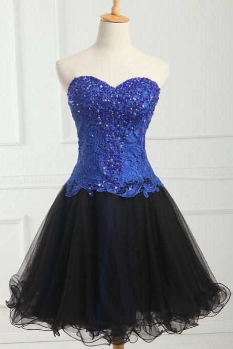 Blue Lace Beaded Short Homecoming Dress, A Line Black Tulle Prom Party Gowns , Short Party Gowns