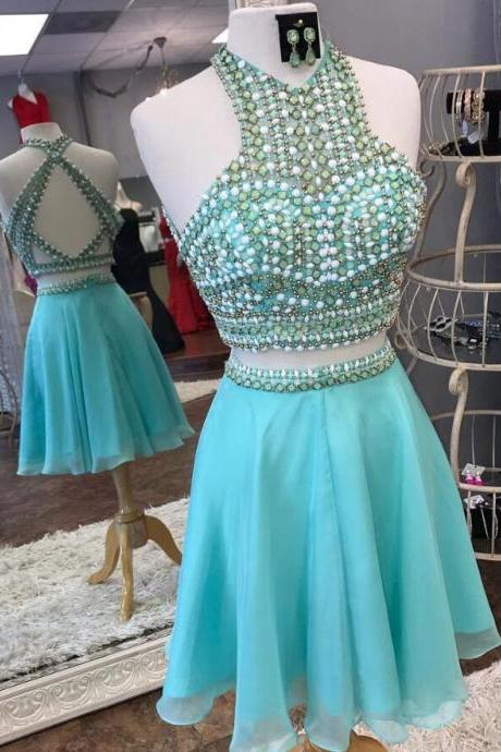 Charming Turquoise Chiffon Short Homecoming Dress, Two Pieces Crystal Corset Mini Party Gowns, Cocktail Party Gowns