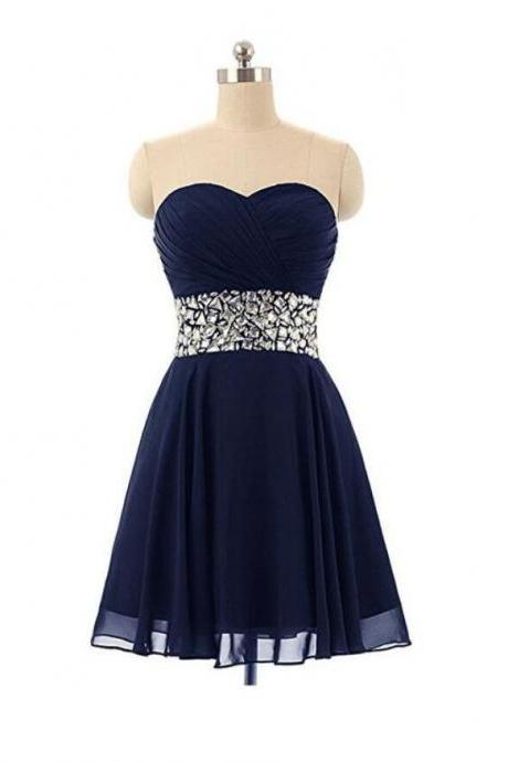 A Line Navy Blue Chiffon Short Homecoming Dress, Crystal Beaded Mini Prom Gowns , Women Party Gowns