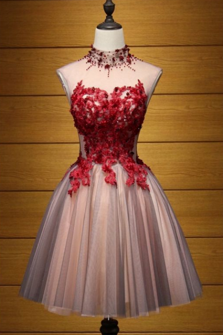 Sexy A Line Hollow Neck Tulle Homecoming Dress, Short With Red Lace Appliqued, Party Dresses