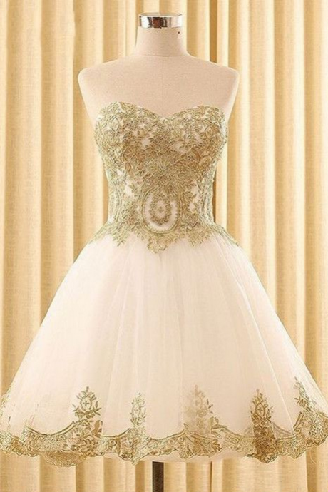 A Line Gold Lace Short Homecoming Dress With Appliqued, Sweet Prom Dresses, Women Pageant Gowns