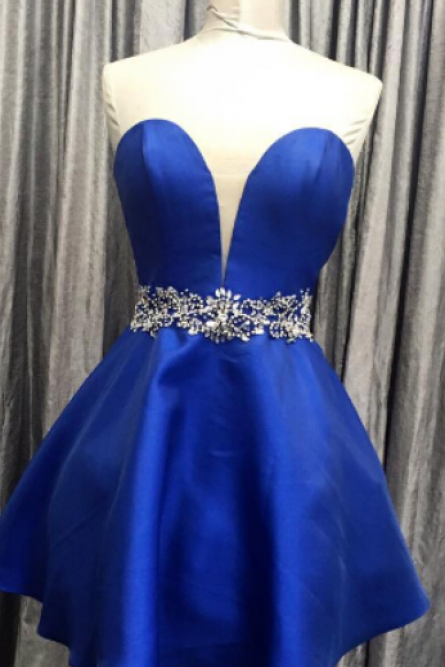 A Line Satin Royal Blue Prom Dresses, Sweetheart Beading Crystals Mini Short Homecoming Dresses, Party Dress, Graduation Gowns