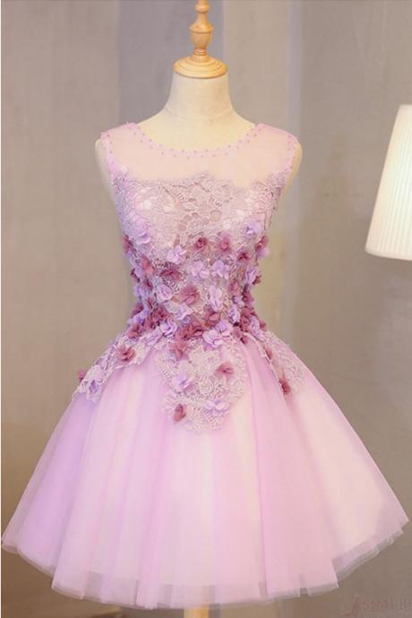 A Line Short Tulle Prom Dress With Appliques, Cute Sleeveless Prom Dress With Flowers, Appliqued Graduation Dress