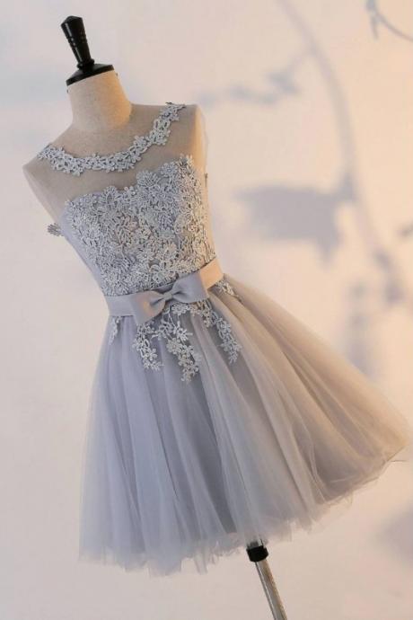 Cute A Line Tulle Homecoming Dress With Appliques, Lace Up Back Short Prom Dress With Appliques