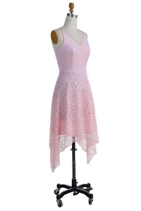 Simple Spaghetti Straps A-line Pink Lace Prom Dresses,graduation Dresses,beautiful Bridesmaid Dresses, Asymmetrical Lace Homecoming Dress