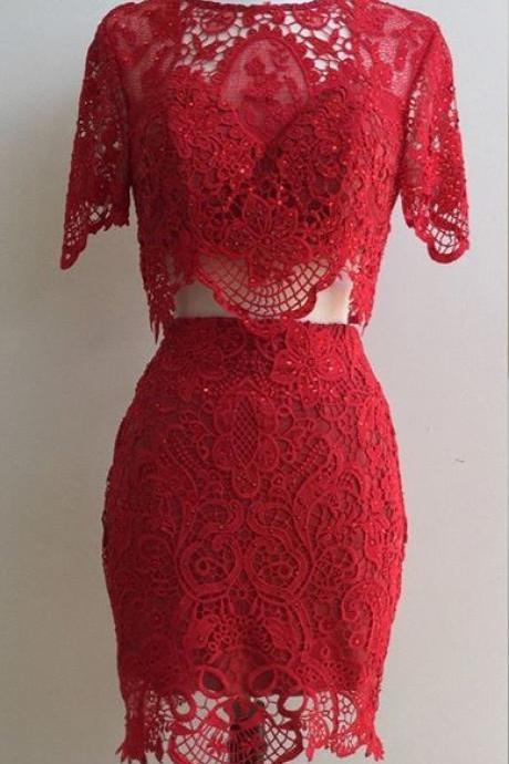 Two Piece Homecoming Dresses,burgundy Lace Dresses,simple Short Prom Dresses With Sleeves