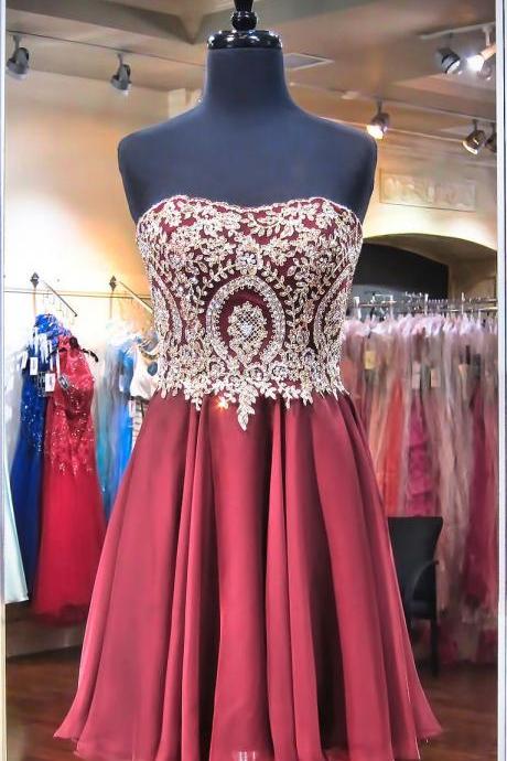 Gold Lace Homecoming Dresses,burgundy Chiffon Short Prom Dresses,strapless Hoco Dresses,lace Sweet Dresses