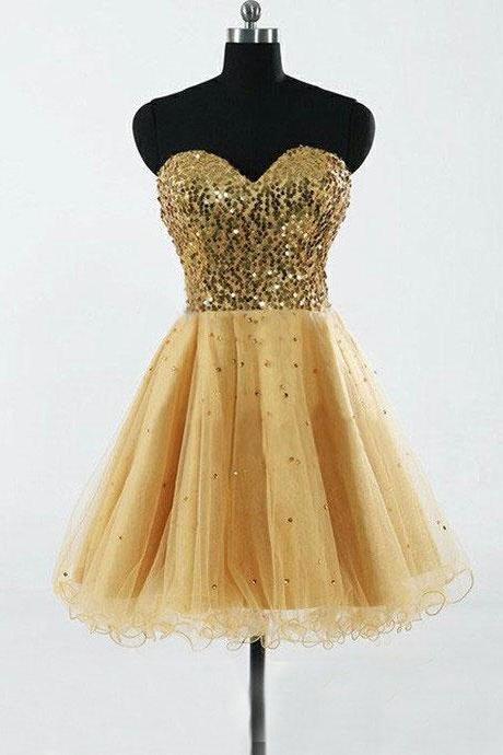 Gold Sequins Homecoming Dresses,strapless Hoco Dresses,mini Short Prom Dresses,sweetheart Neck Cocktail Dresses