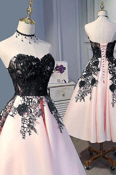 Pearl Pink Tea Length Satin With Black Lace Applique Party Dress, Homecoming Dress