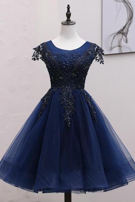Navy Blue Tulle Beaded Knee Length Cap Sleeves Prom Dress, Blue Homecoming Dress