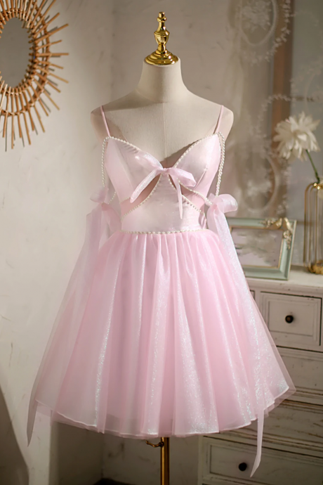 Pink Tule Prom Dresses, Beaded Short Formal Homecoming Dresses