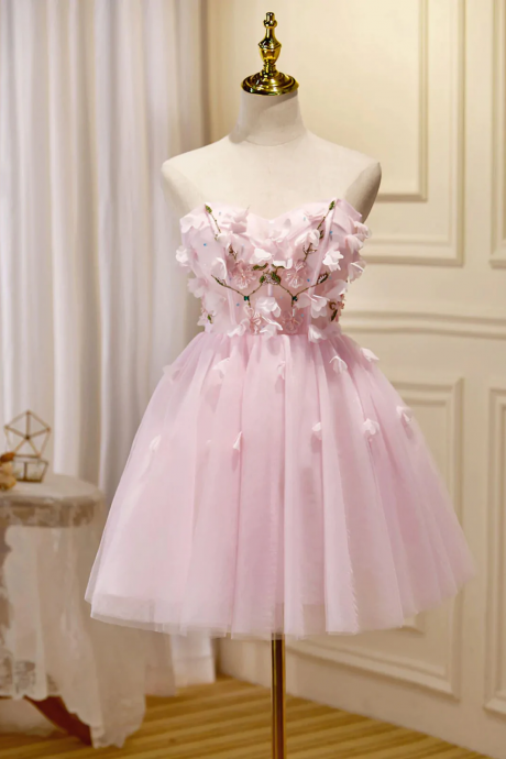 Pink Floral Prom Dresses, Short Tule Formal Homecoming Dresses