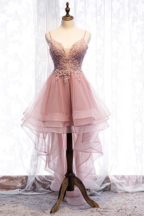 Pink Lace Prom Dresses, High Low Formal Graduation Homecoming Dresses