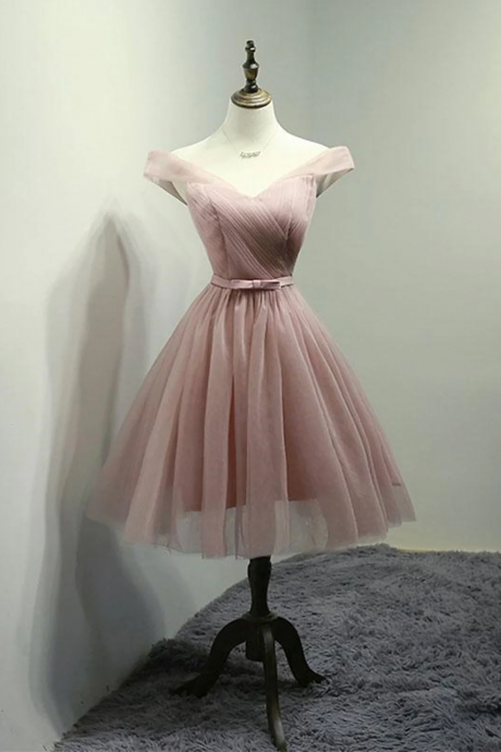 Off the Shoulder Short Pink Tulle Prom Dresses, Short Pink Formal Bridesmaid Dresses