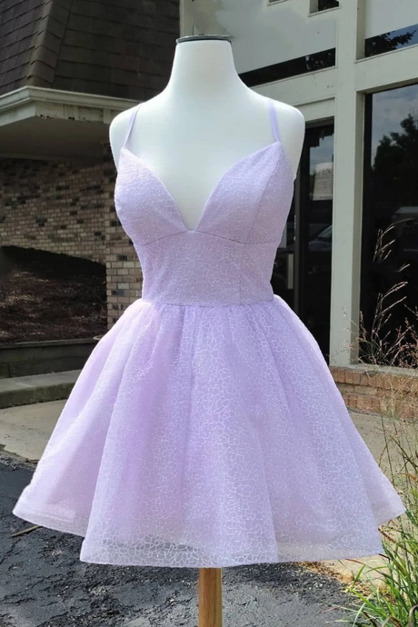 Short V Neck Shiny Purple Prom Dresses, Shiny V Neck Short Purple Graduation Homecoming Dresses