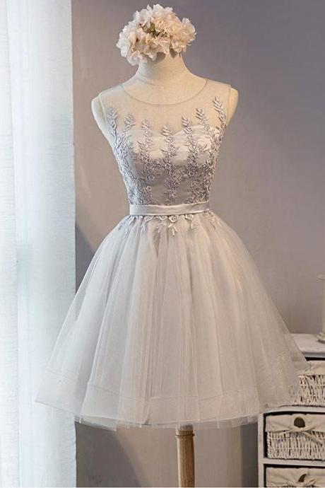 Cute gray lace tulle short prom dress, homecoming dresses