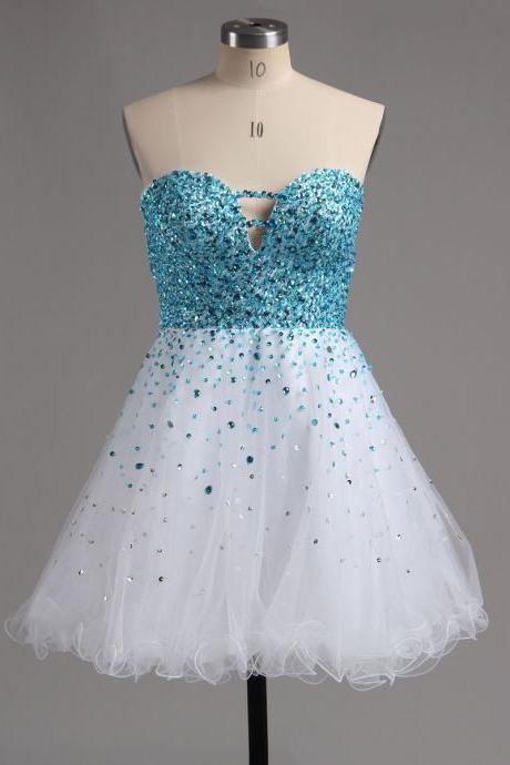 Princess Sweetheart White Homecoming Dress, Sparkling Blue Beaded Mini Homecoming Dress, Sweet A-line Tulle Homecoming Dress