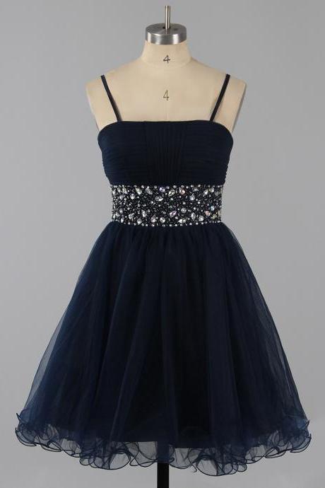 Navy Blue Short Chiffon Homecoming Dress, Spaghetti Straps Homecoming Dress, Princess Short Homecoming Dress With Beaded Belt