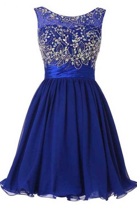 Royal Blue Homecoming Dress, Short Chiffon Homecoming Dress, Low Back Homecoming Dress With Beads And Crystal