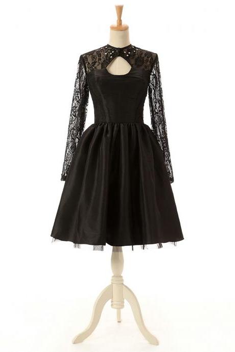 Black Lace Homecoming Dresses, High Neck Homecoming Dress With Key Hole, Long Sleeved Short Homecoming Dress