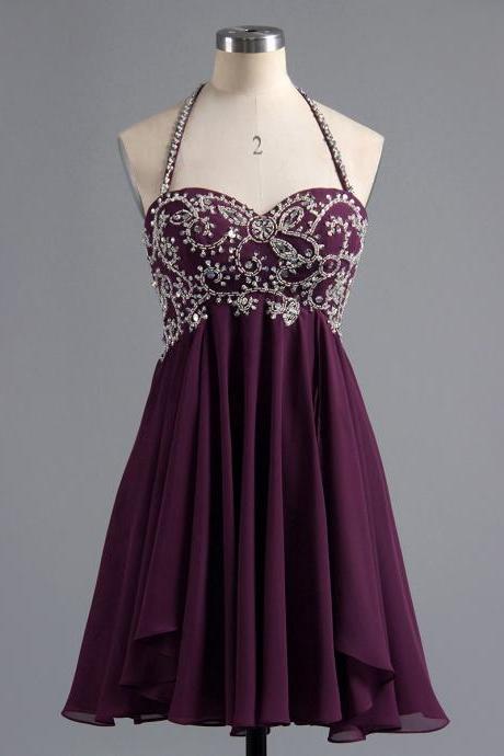 Elegant Grape Halter Homecoming Dresses, Empire Chiffon Homecoming Dresses, Glittering Crystal Beaded Homecoming Dress With Low Back