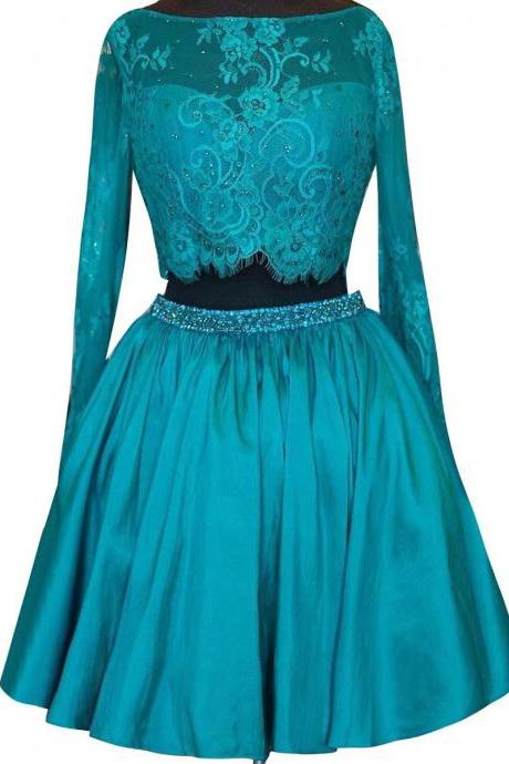 Illusion Neck Homecoming Dresses With Long Sleeves, Taffeta Lace Homecoming Dress With Beaded Belt, V-back Two Piece Homecoming Dresses