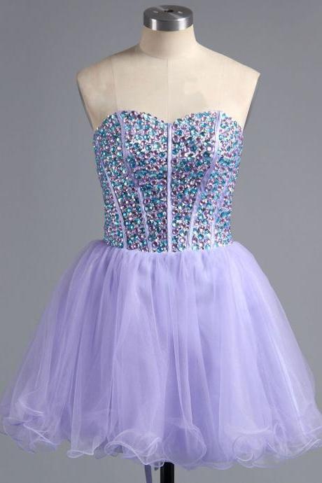 Purple Sweetheart Neckline Crystal Embellished A-line Short Cocktail Dress, Graduation Dress, Evening Dress, Homecoming Dress